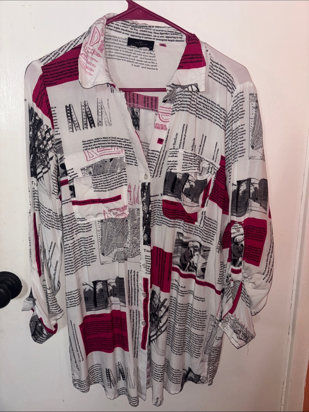 Milk & Honey White Shirt with Black & Dark Pink Newspaper Print